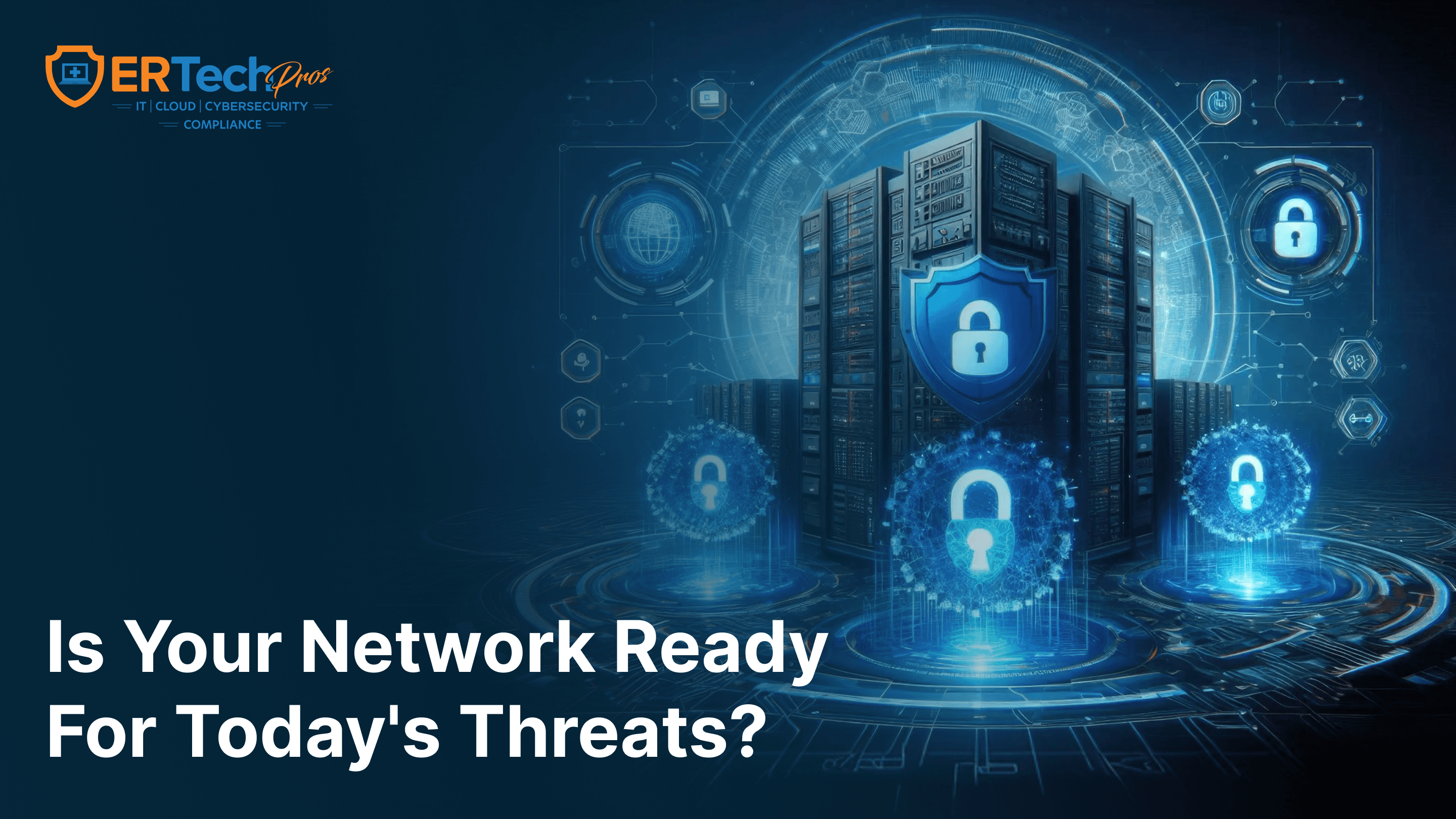 A cybersecurity professional reviewing small business network security solutions and managed network security services on a modern security dashboard. 