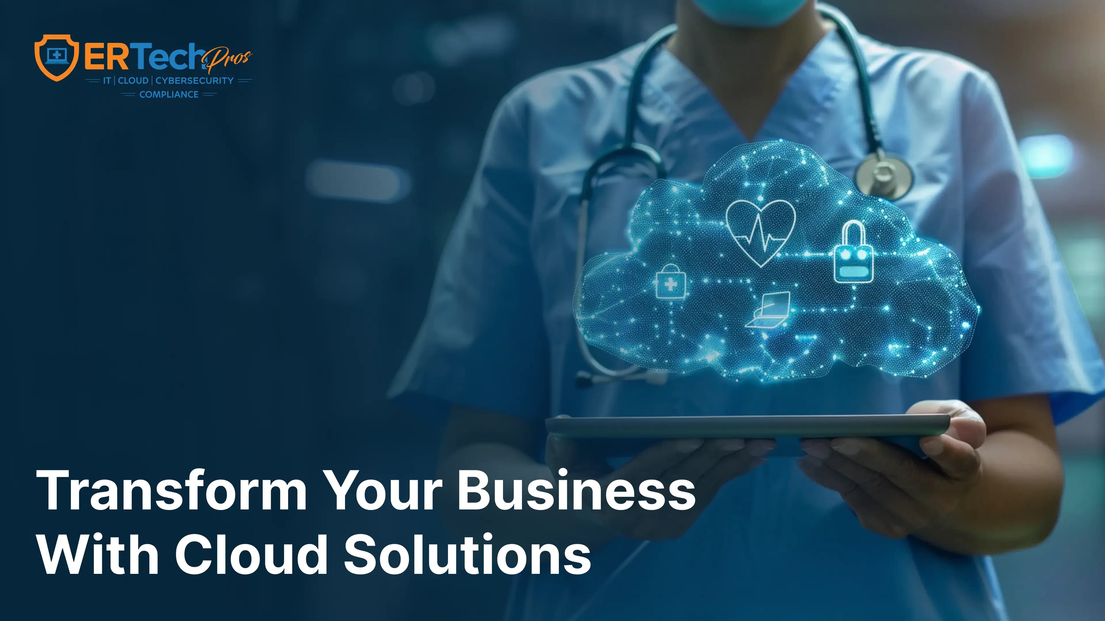 A healthcare professional using a laptop with cloud computing icons representing cloud data security and scalability