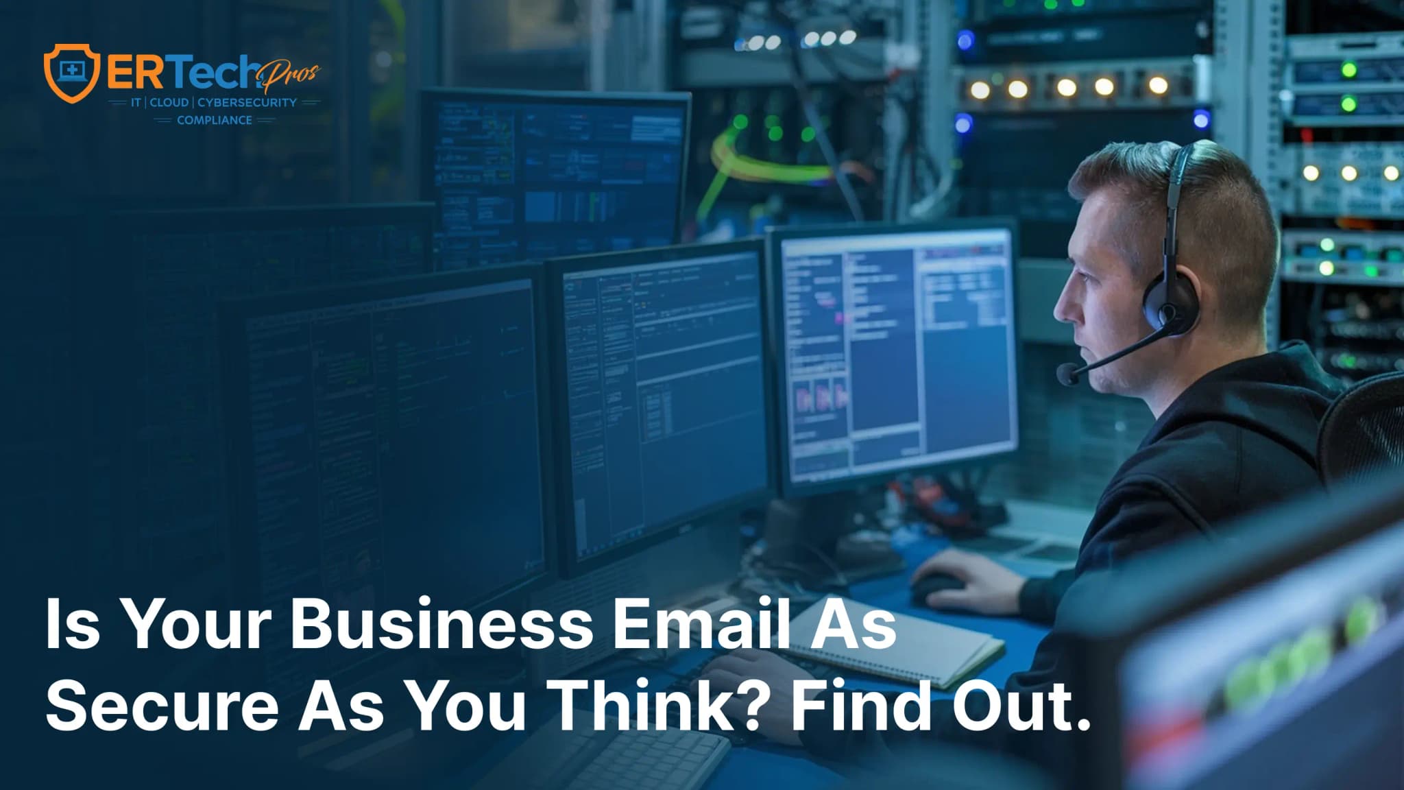 IT professional reviewing email security dashboard on a dual-monitor workstation