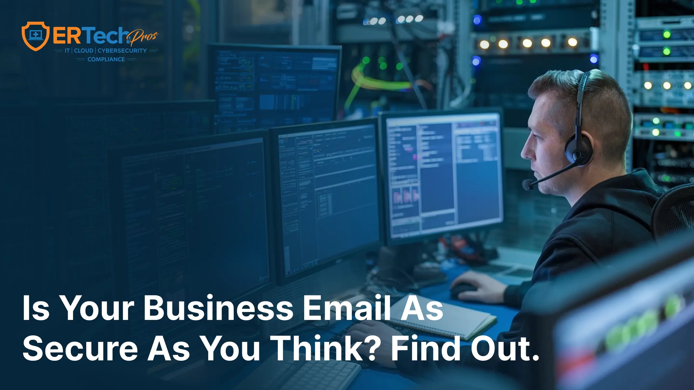 IT professional reviewing email security dashboard on a dual-monitor workstation