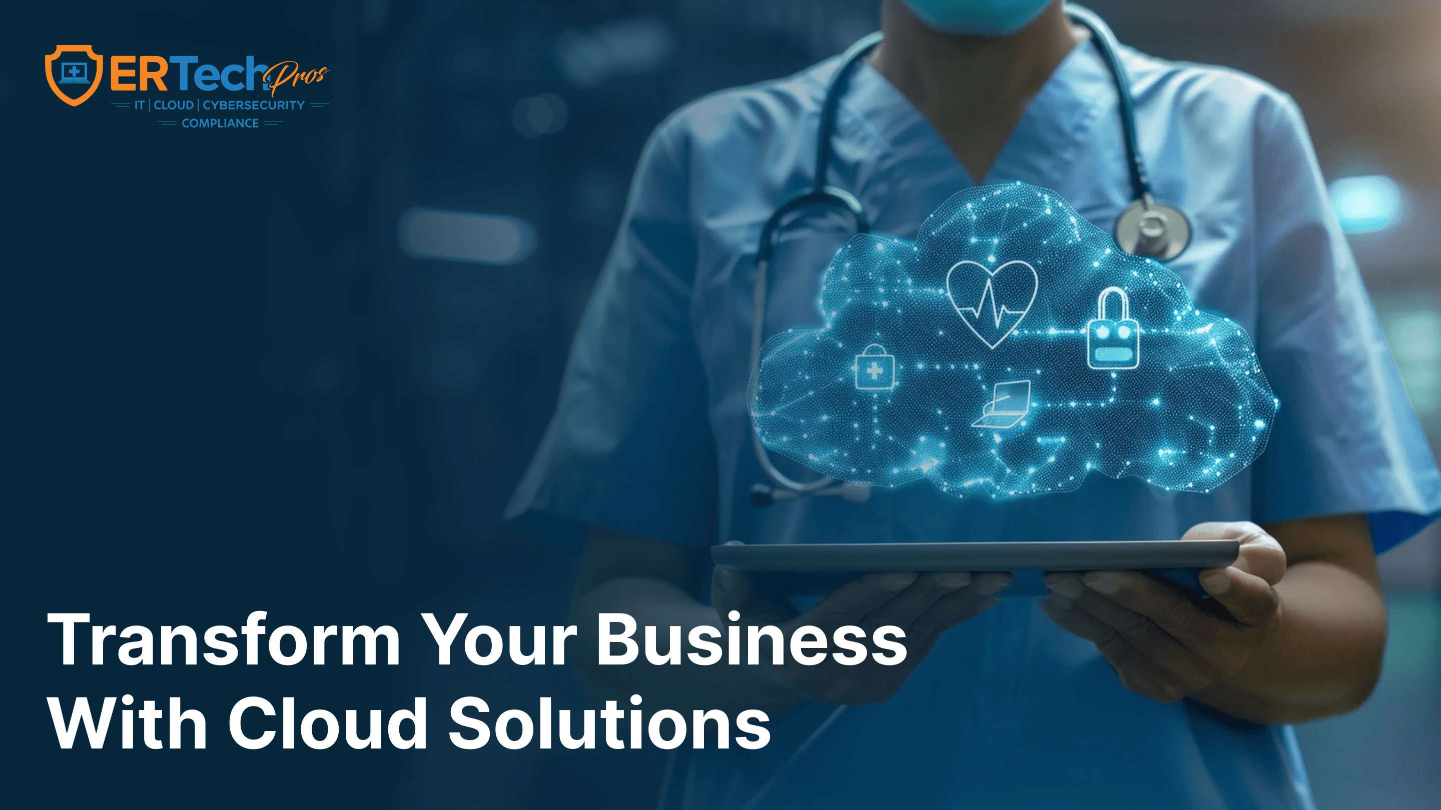 A healthcare professional using a laptop with cloud computing icons representing cloud data security and scalability