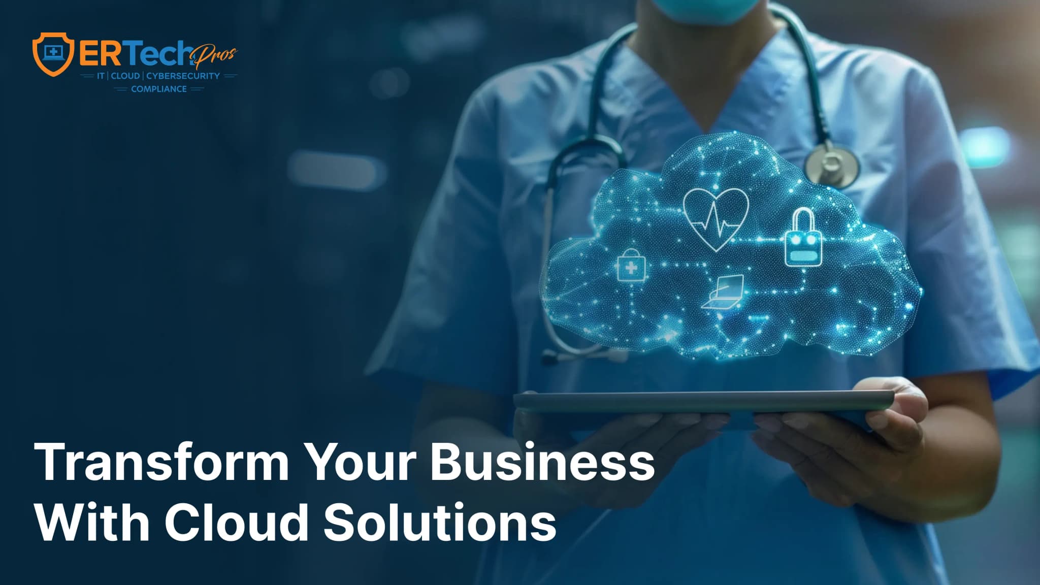 A healthcare professional using a laptop with cloud computing icons representing cloud data security and scalability